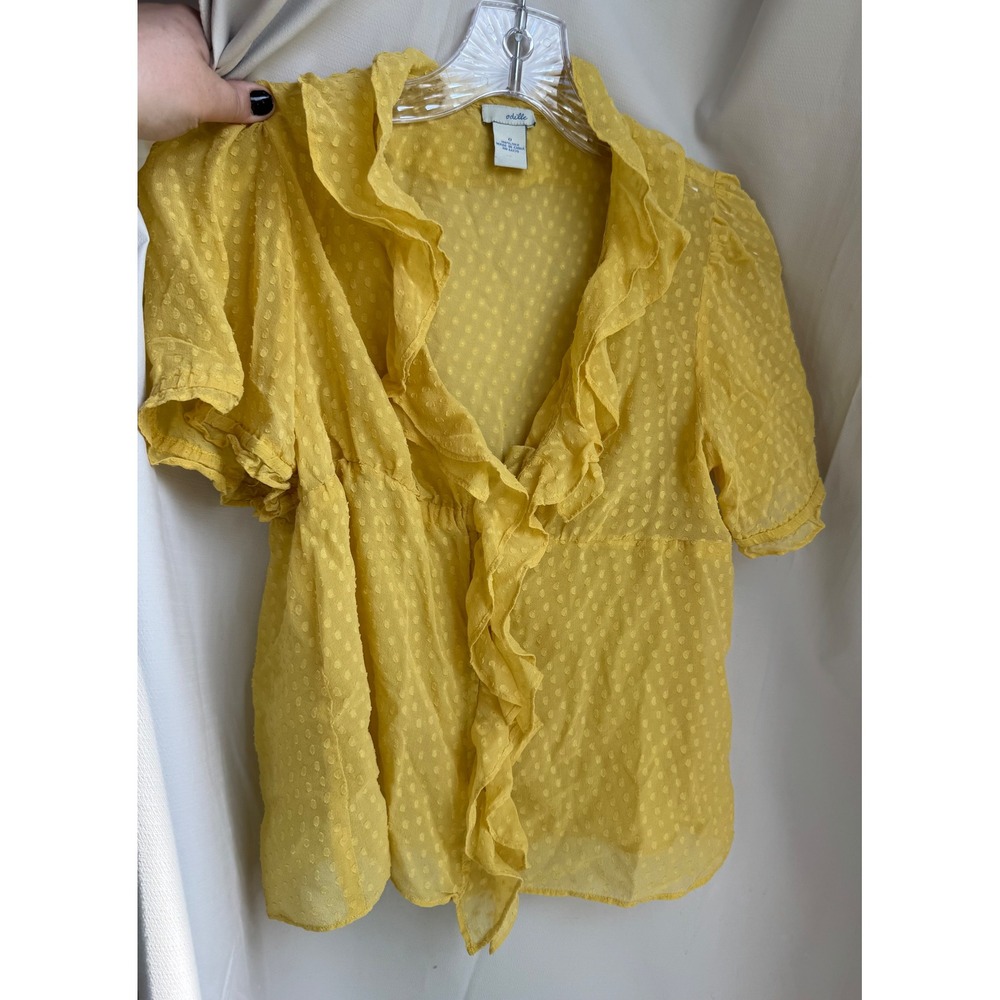 Odille Anthropologie Yellow 100% Silk Ruffle Clip Dot Blouse Top Size 0 Twee Y2K